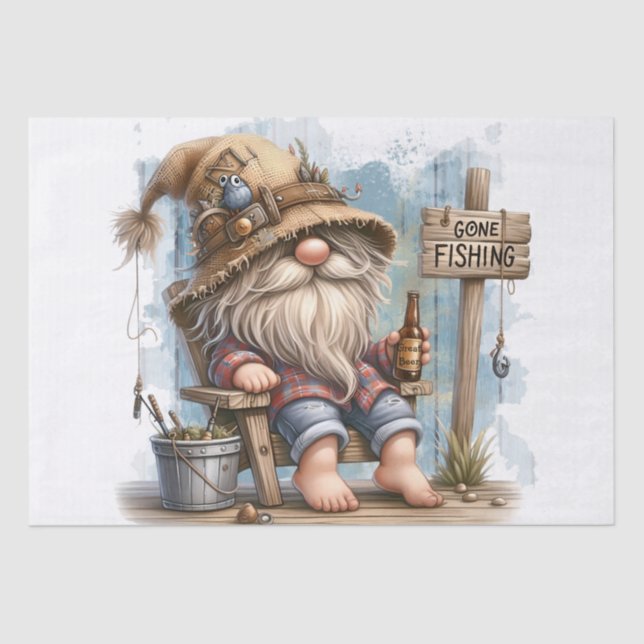 Fishing Beer Drinking Gnome Tissue Paper (Front)