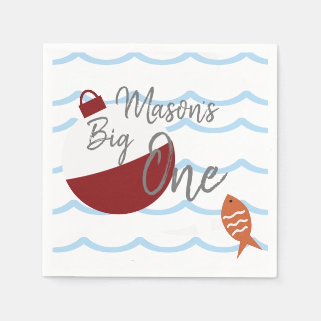 Fishing Big One First Birthday Fish Waves Napkins (Front)