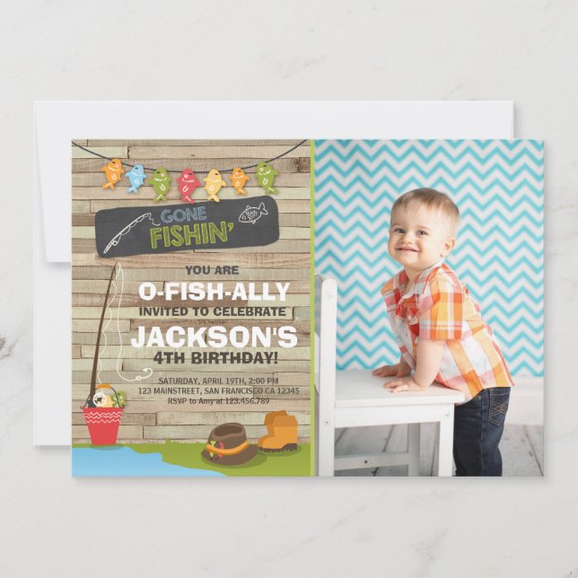 Fishing Birthday Invitation Wood Fishing party (Front)