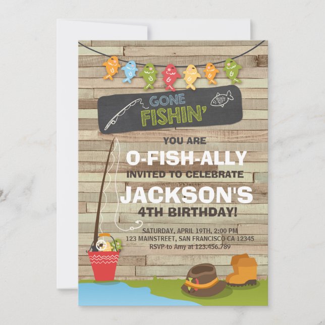 Fishing Birthday Invitation Wood Fishing party (Front)