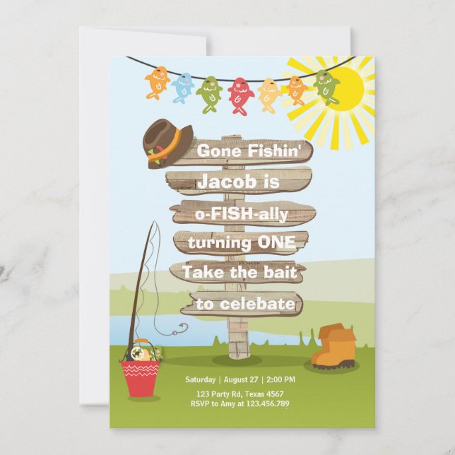 Fishing Birthday Invitation Wood Fishing party (Front)