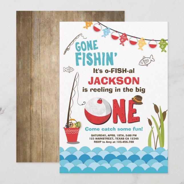 Fishing Birthday Invitation Wood The big one (Front/Back)