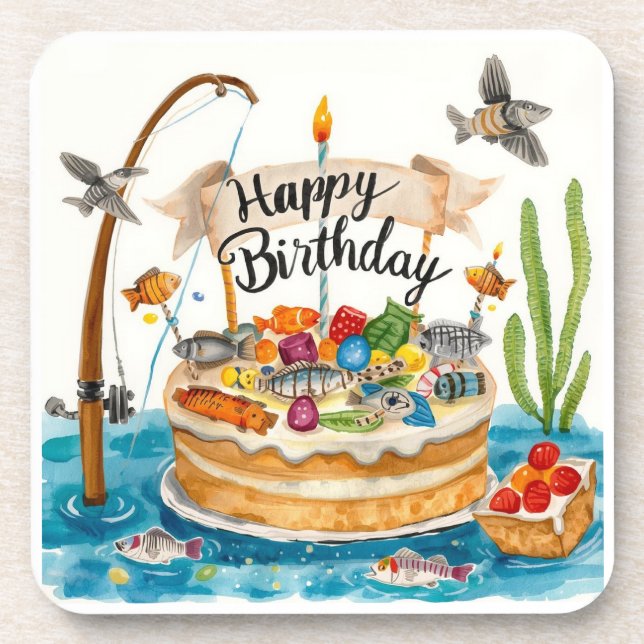 Fishing Birthday themed Anglers Fishermen party Beverage Coaster (Front)