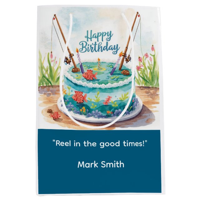 Fishing birthday themed hooked on fun  medium gift bag (Front)