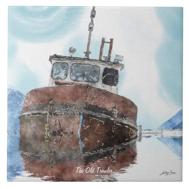 Fishing Boat 4 Watercolour Art 6" Decorative Tile (Front)