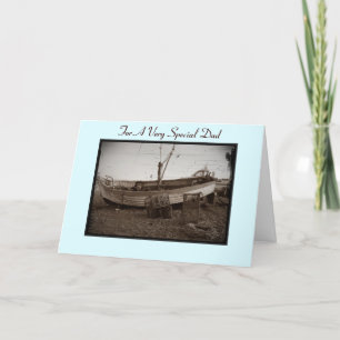 fishing boat and lobster pots on beach seaside dad card