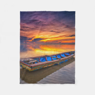 Fishing Boat At Sunrise Jubakar Beach Fleece Blanket