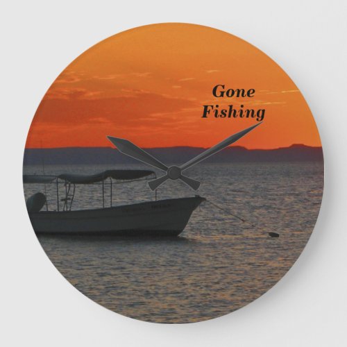 Fishing Boat at Sunset Orange Round Large Clock