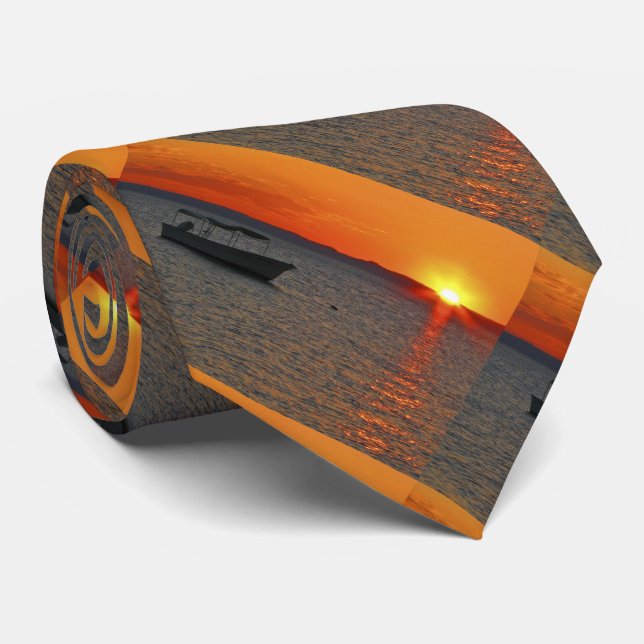 Fishing Boat at Sunset, Orange Sky Neck Tie (Rolled)