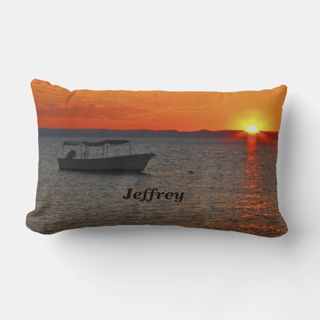 Fishing Boat at Sunset Personalized Name Throw Lumbar Pillow (Front)