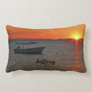 Fishing Boat at Sunset Personalized Name Throw Lumbar Pillow