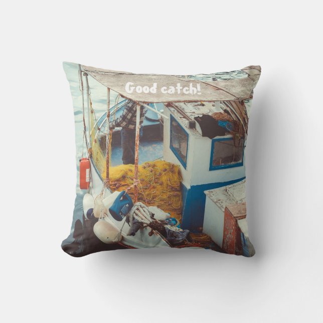 Fishing Boat at the Mediterranean Seaside Throw Pillow (Front)