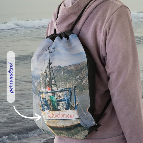 Fishing Boat at the Picturesque Bay Drawstring Bag