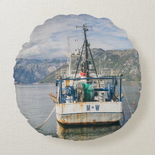 Fishing Boat at the Picturesque Bay Round Pillow