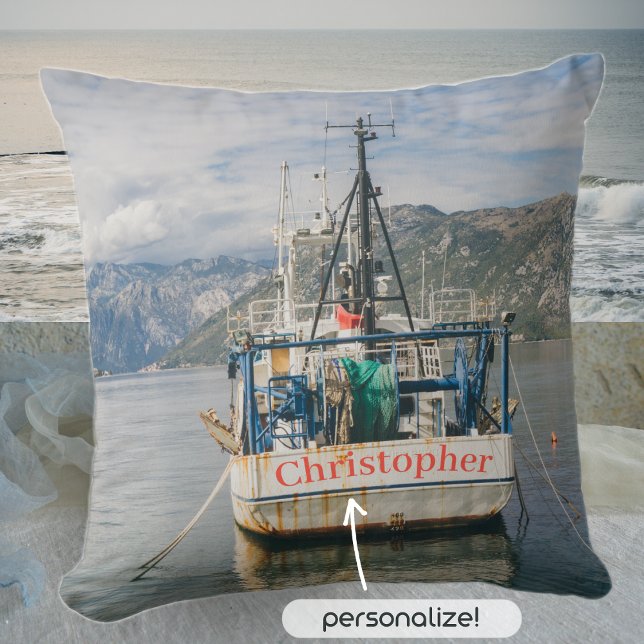 Fishing Boat at the Picturesque Bay  Throw Pillow (Creator Uploaded)