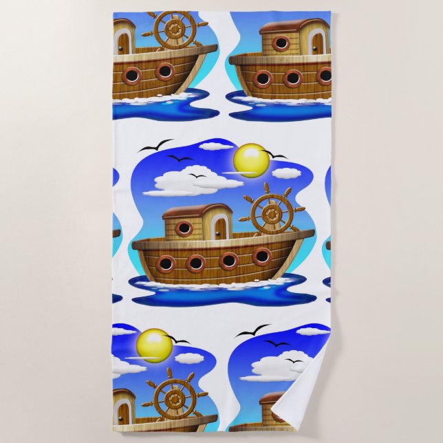 Fishing Boat Cartoon  Beach Towel (Front)