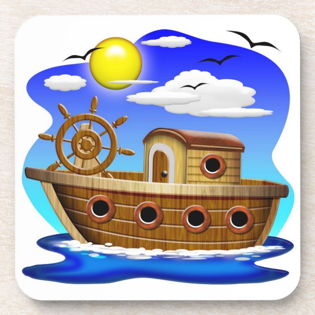 Fishing Boat Cartoon Beverage Coaster (Front)