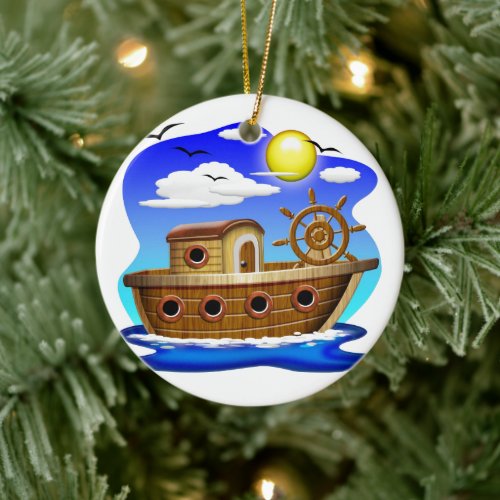 Fishing Boat Cartoon  Ceramic Ornament
