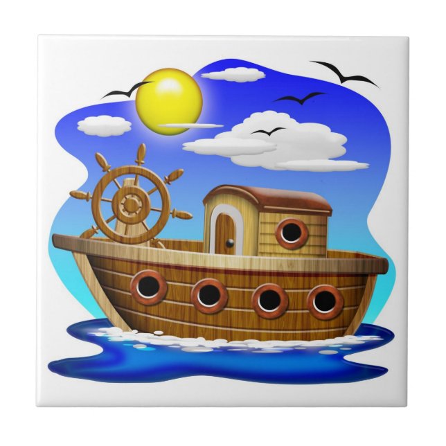Fishing Boat Cartoon  Ceramic Tile (Front)