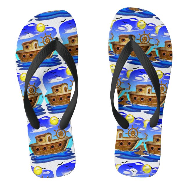 Fishing Boat Cartoon  Flip Flops (Footbed)