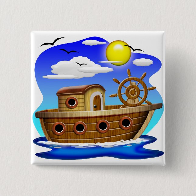 Fishing Boat Cartoon Pinback Button (Front)