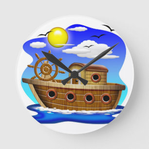 Fishing Boat Cartoon Round Clock