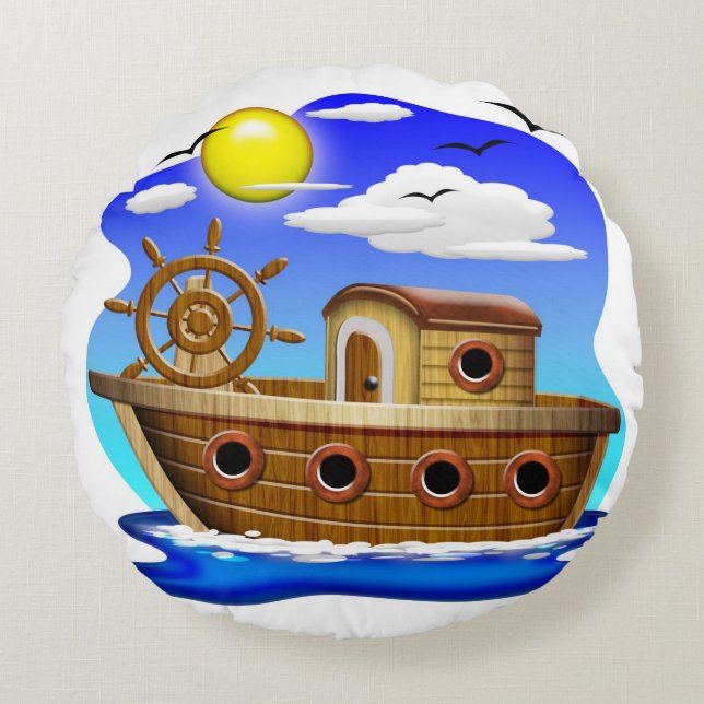 Fishing Boat Cartoon  Round Pillow (Front)