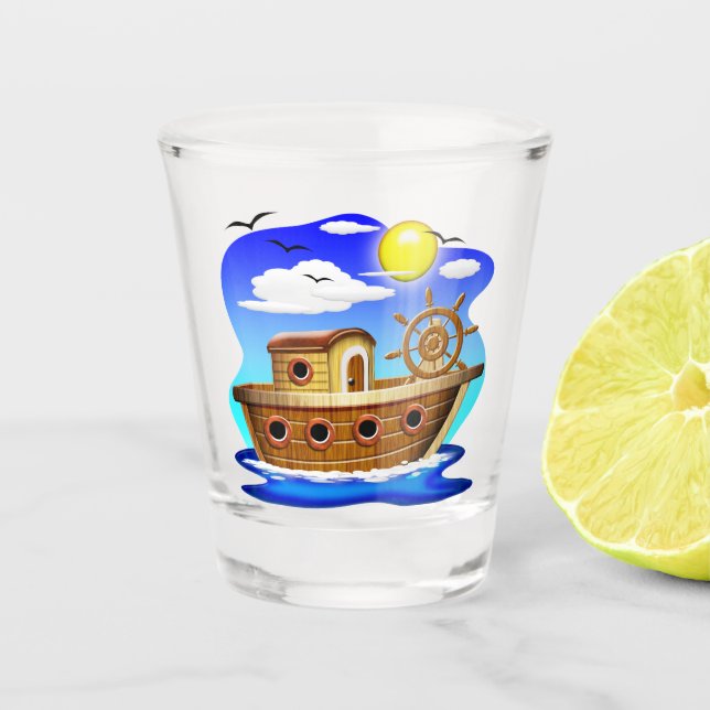 Fishing Boat Cartoon  Shot Glass (Front)