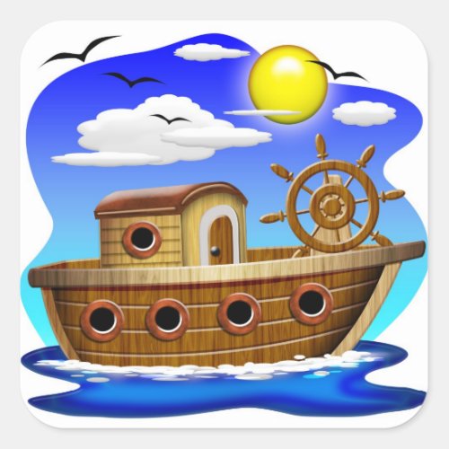 Fishing Boat Cartoon Square Sticker