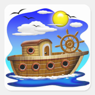Fishing Boat Cartoon Square Sticker