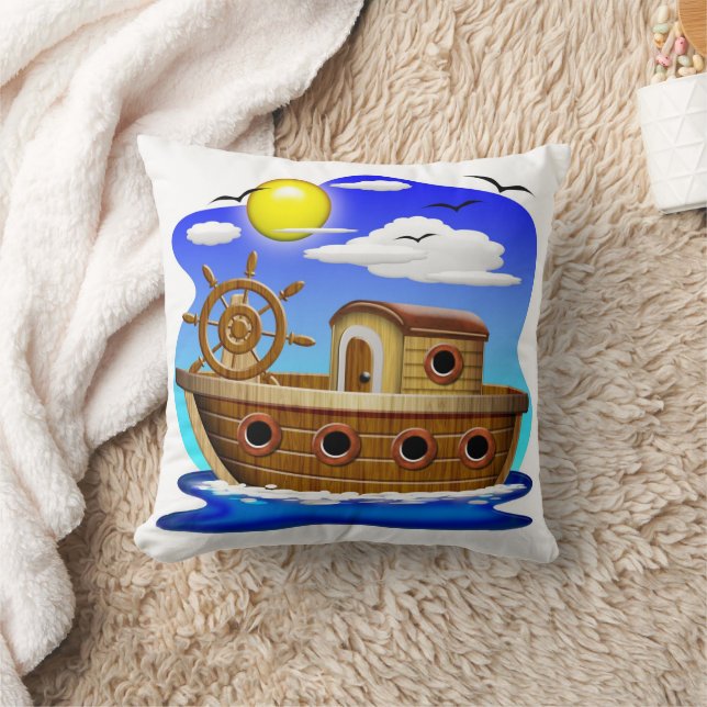 Fishing Boat Cartoon  Throw Pillow (Blanket)