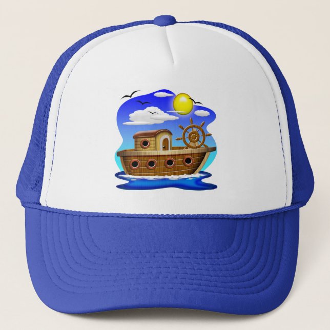Fishing Boat Cartoon Trucker Hat (Front)