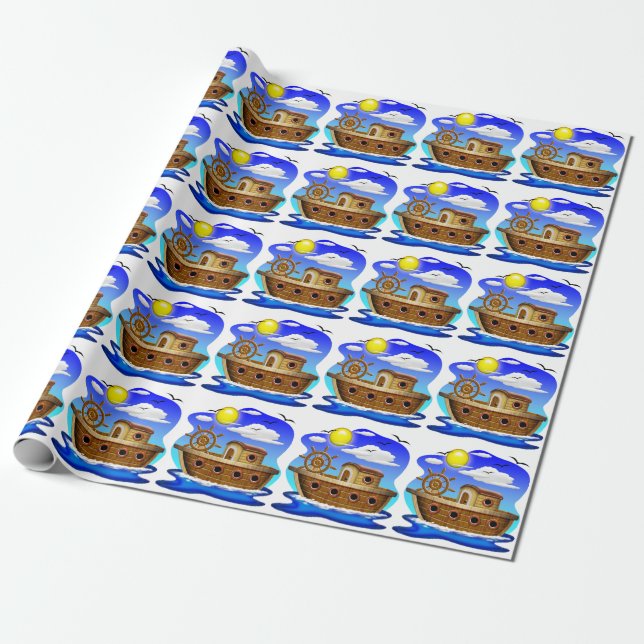 Fishing Boat Cartoon  Wrapping Paper (Unrolled)