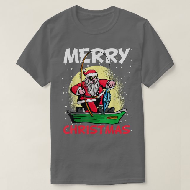 Fishing boat Christmas winter snow Santa Claus ang T-Shirt (Design Front)