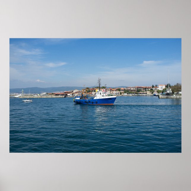 Fishing boat going to the sea poster (Front)