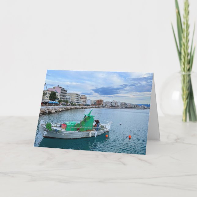 Fishing Boat In Harbor Corinth Greece Card (Front)