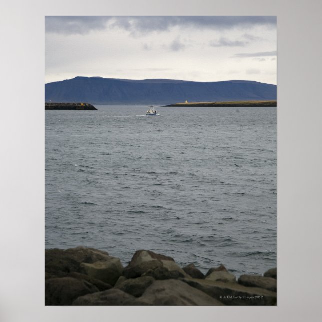 Fishing boat leaving harbor, Reykjavik, Iceland Poster (Front)