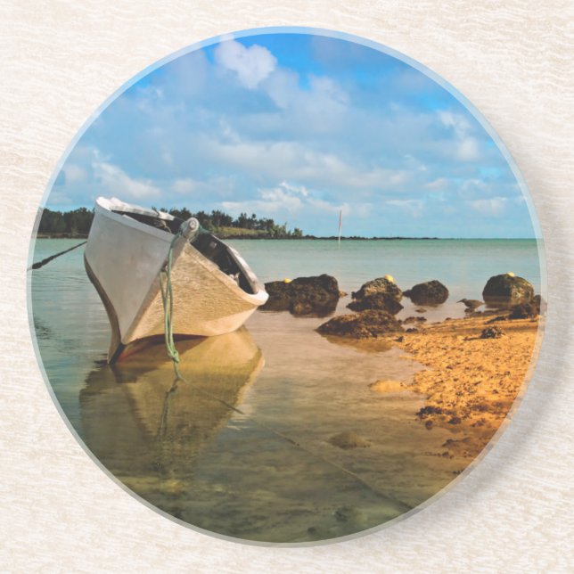 Fishing Boat On Mauritian Beach With Islet Coaster (Front)