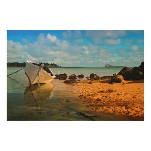 Fishing Boat On Mauritian Beach With Islet Wood Wall Art