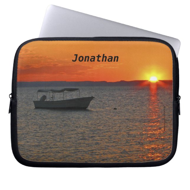 Fishing Boat, Orange Sunset, Name, Computer Laptop Sleeve (Front)