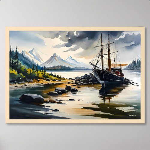 Fishing Boat Painting Amidst River Rock and Forest Poster