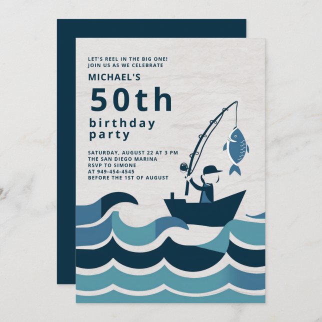 Fishing Boat Reel Elegant Casual Men 50th Birthday Invitation (Front/Back)
