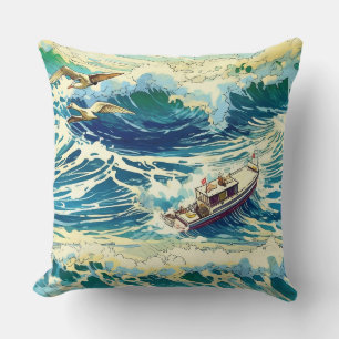 Fishing Boat Riding Ocean Waves Throw Pillow