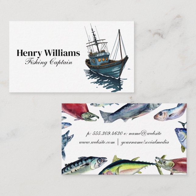 Fishing Boat | Sea Fish Watercolor  Business Card (Front/Back)