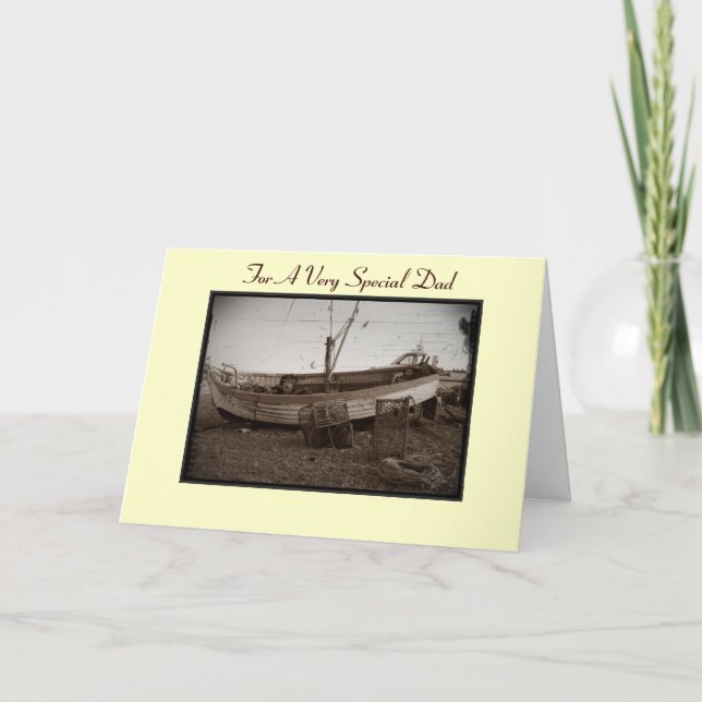 fishing boat with lobster pots on beach for dad card (Front)