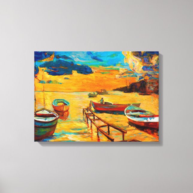 Fishing boats and ocean at sunset canvas print (Front)