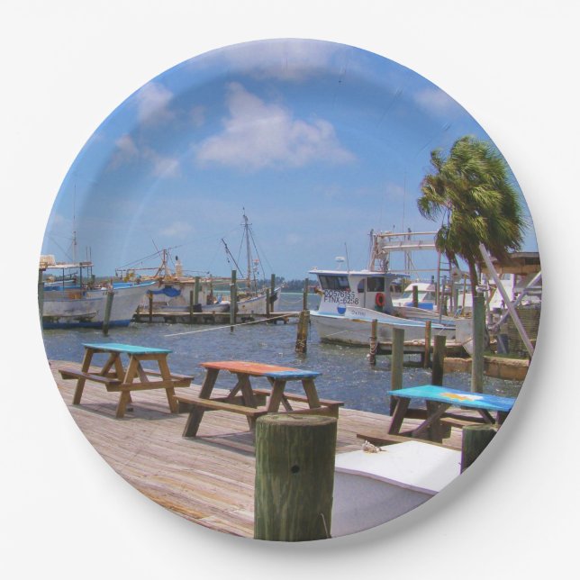 Fishing Boats and Pier Paper Plates (Front)