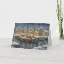 Fishing Boats in Harbor Christmas Card