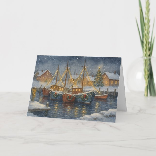 Fishing Boats in Harbor Christmas Card (Front)