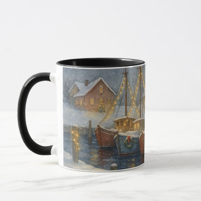 Fishing Boats in Harbor Christmas Mug (Left)